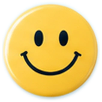3.5 inch round pinback button with yellow smiley face design
