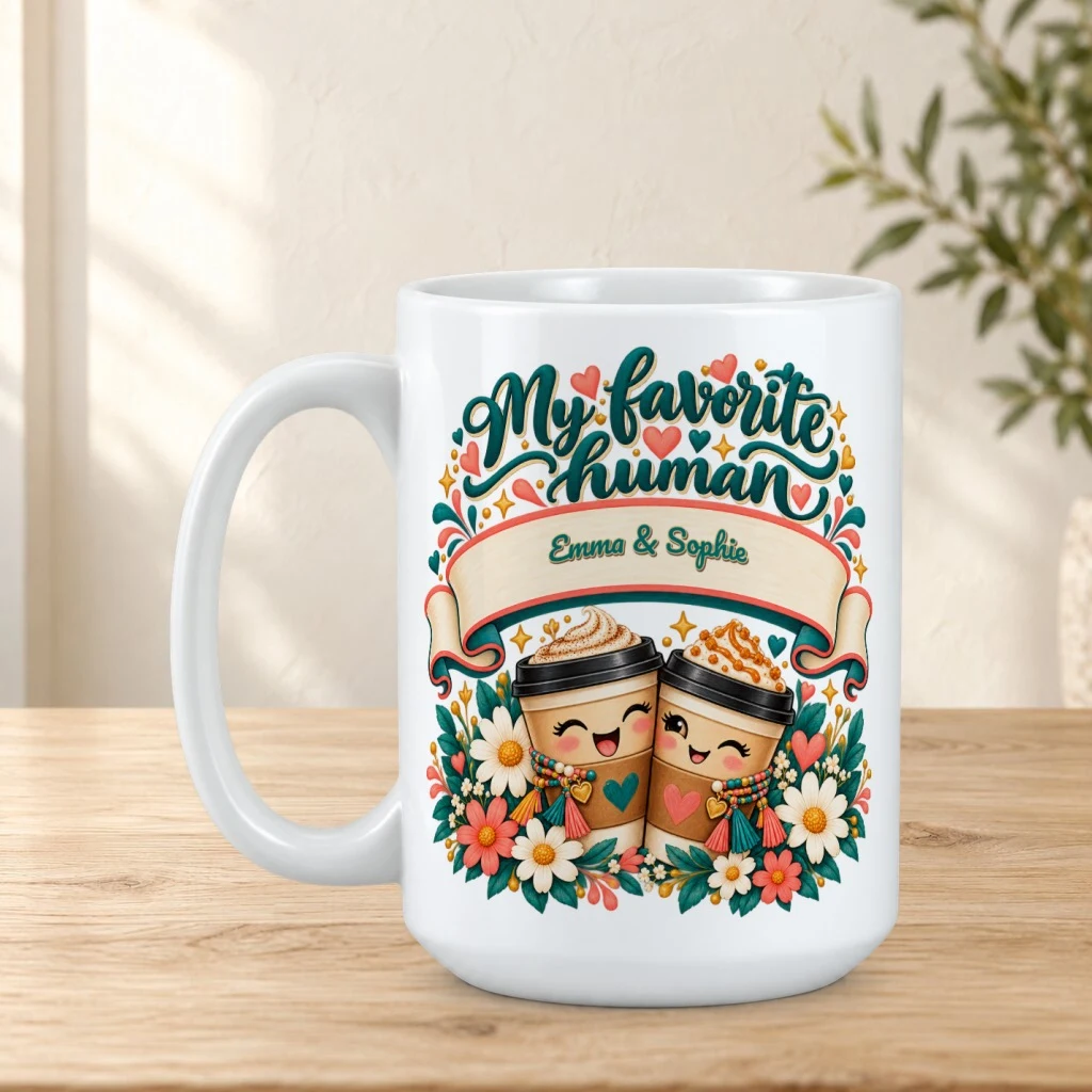 Personalized mug on a sunlit oak tabletop