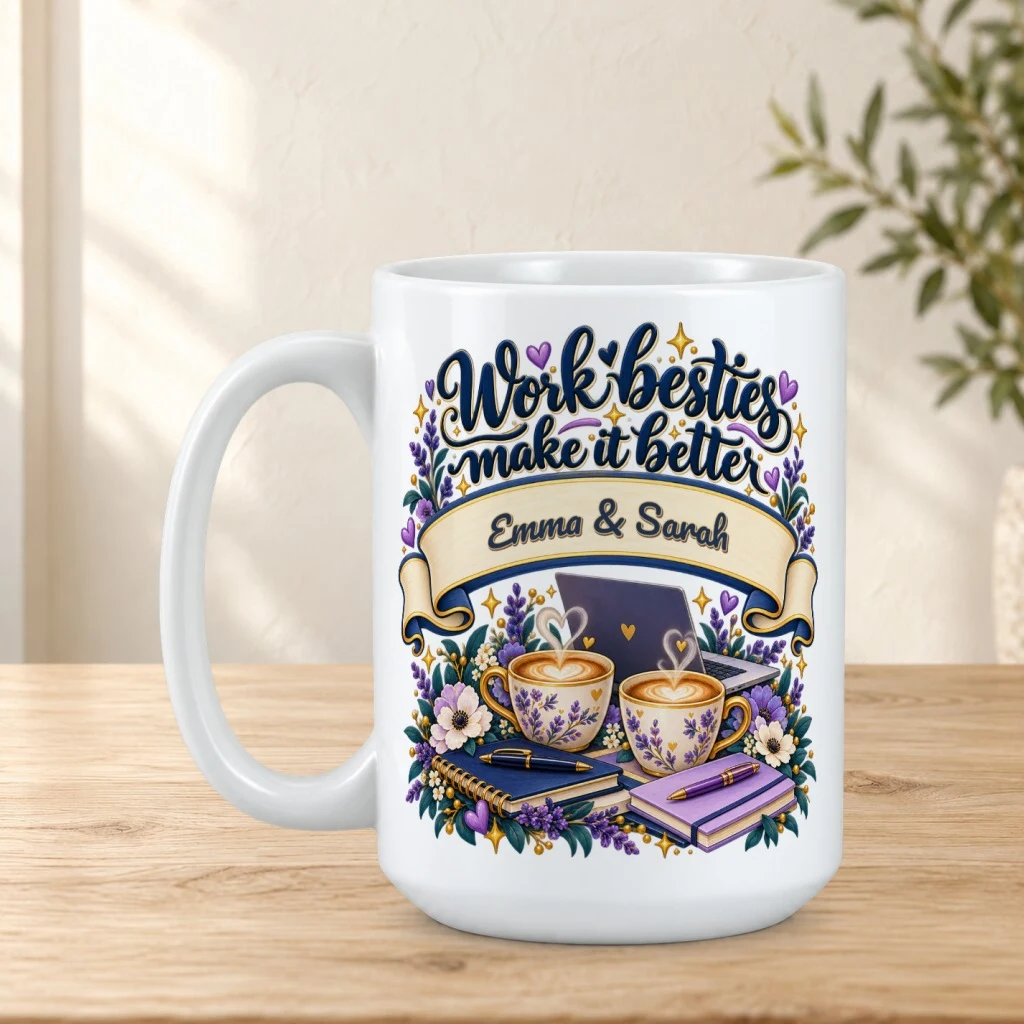 Personalized mug on a sunlit oak tabletop