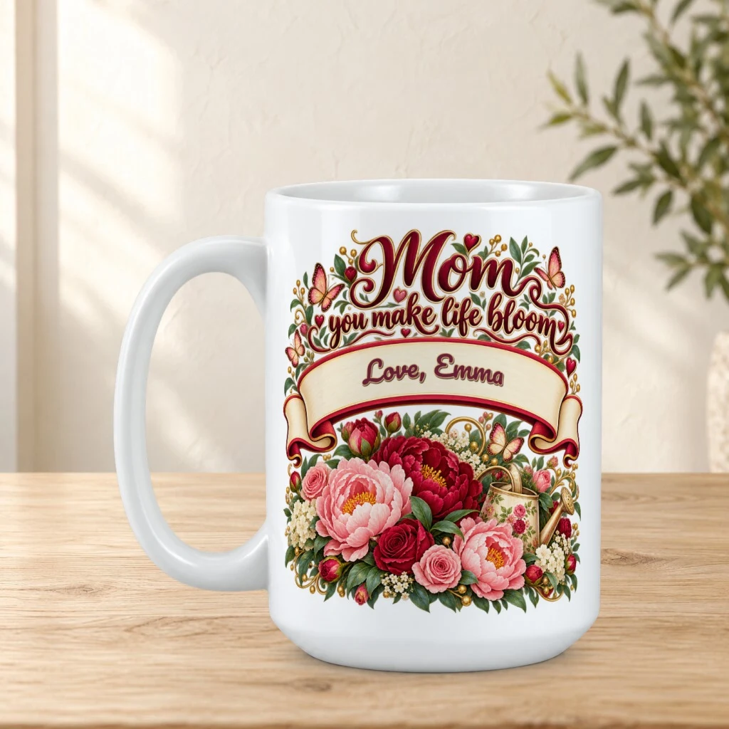 Personalized mug on a sunlit oak tabletop