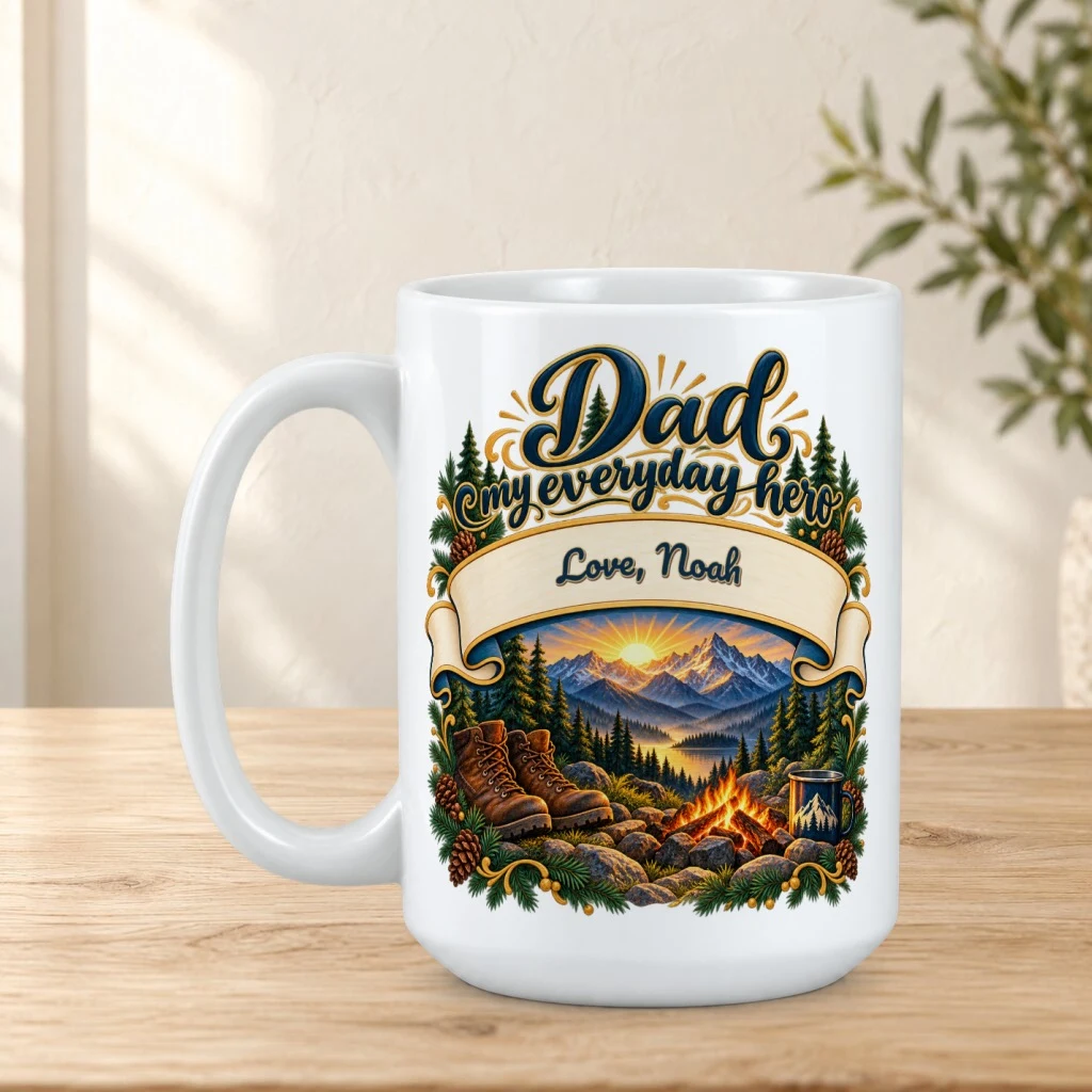 Personalized mug on a sunlit oak tabletop