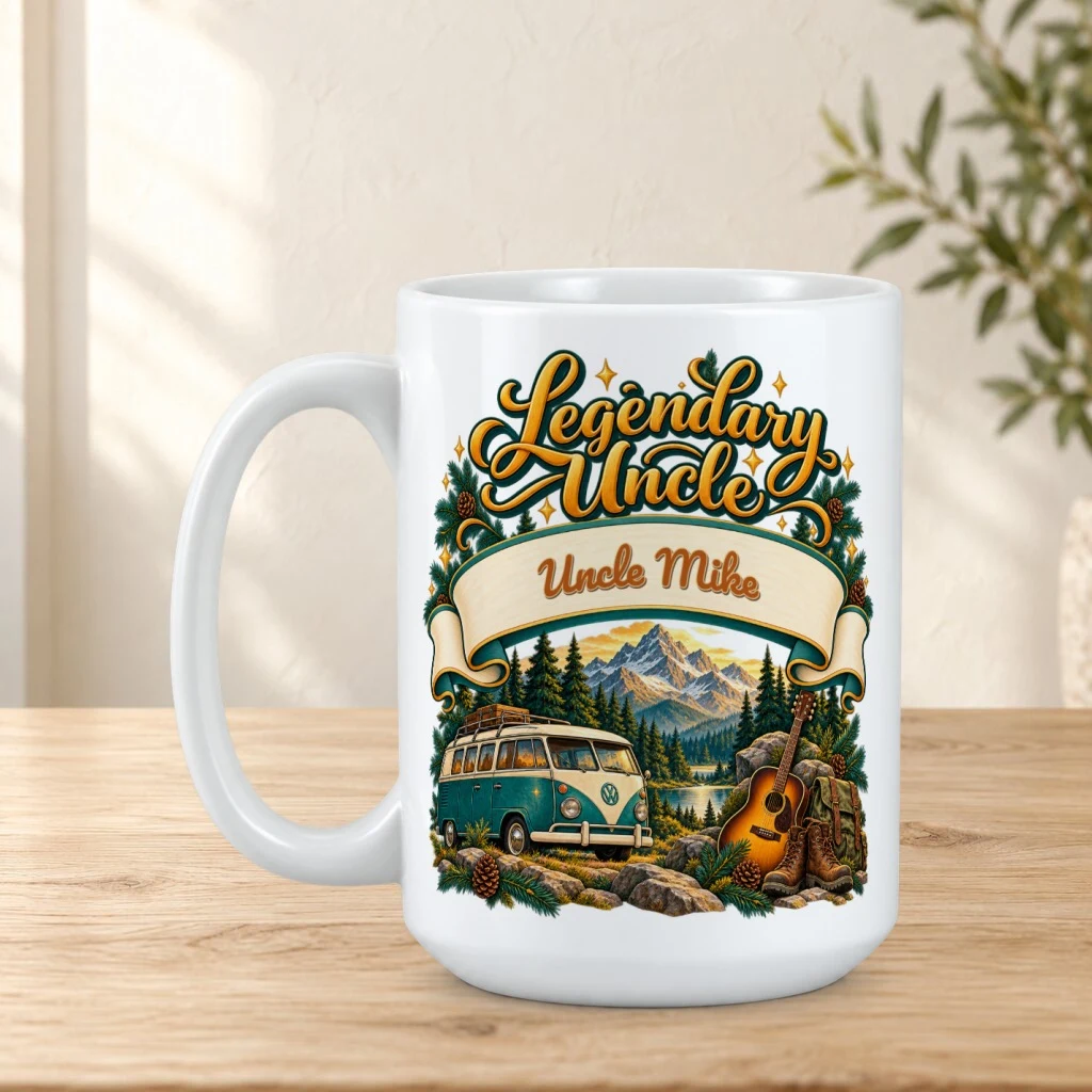 Personalized mug on a sunlit oak tabletop