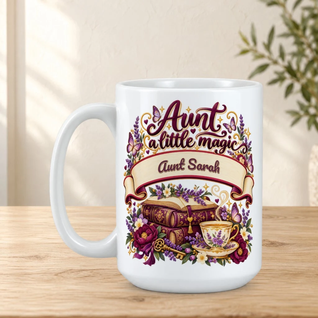 Personalized mug on a sunlit oak tabletop