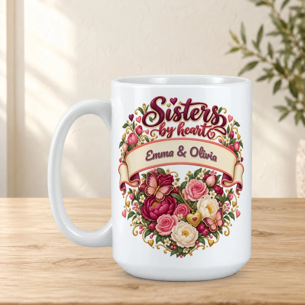 Personalized mug on a sunlit oak tabletop