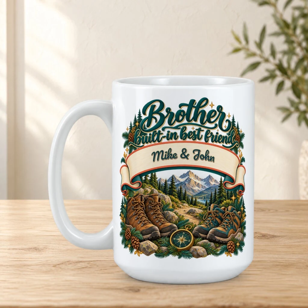 Personalized mug on a sunlit oak tabletop