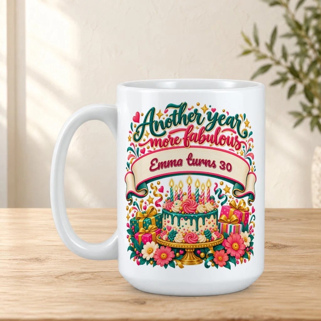Personalized mug on a sunlit oak tabletop