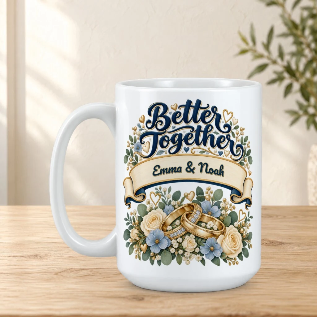 Personalized mug on a sunlit oak tabletop