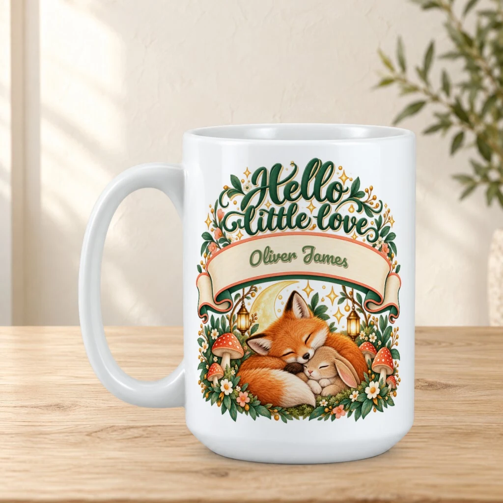 Personalized mug on a sunlit oak tabletop