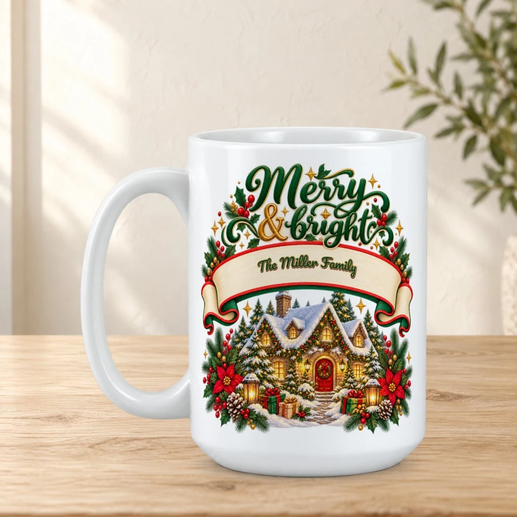 Personalized mug on a sunlit oak tabletop