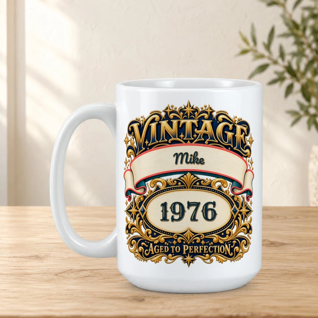 Personalized mug on a sunlit oak tabletop