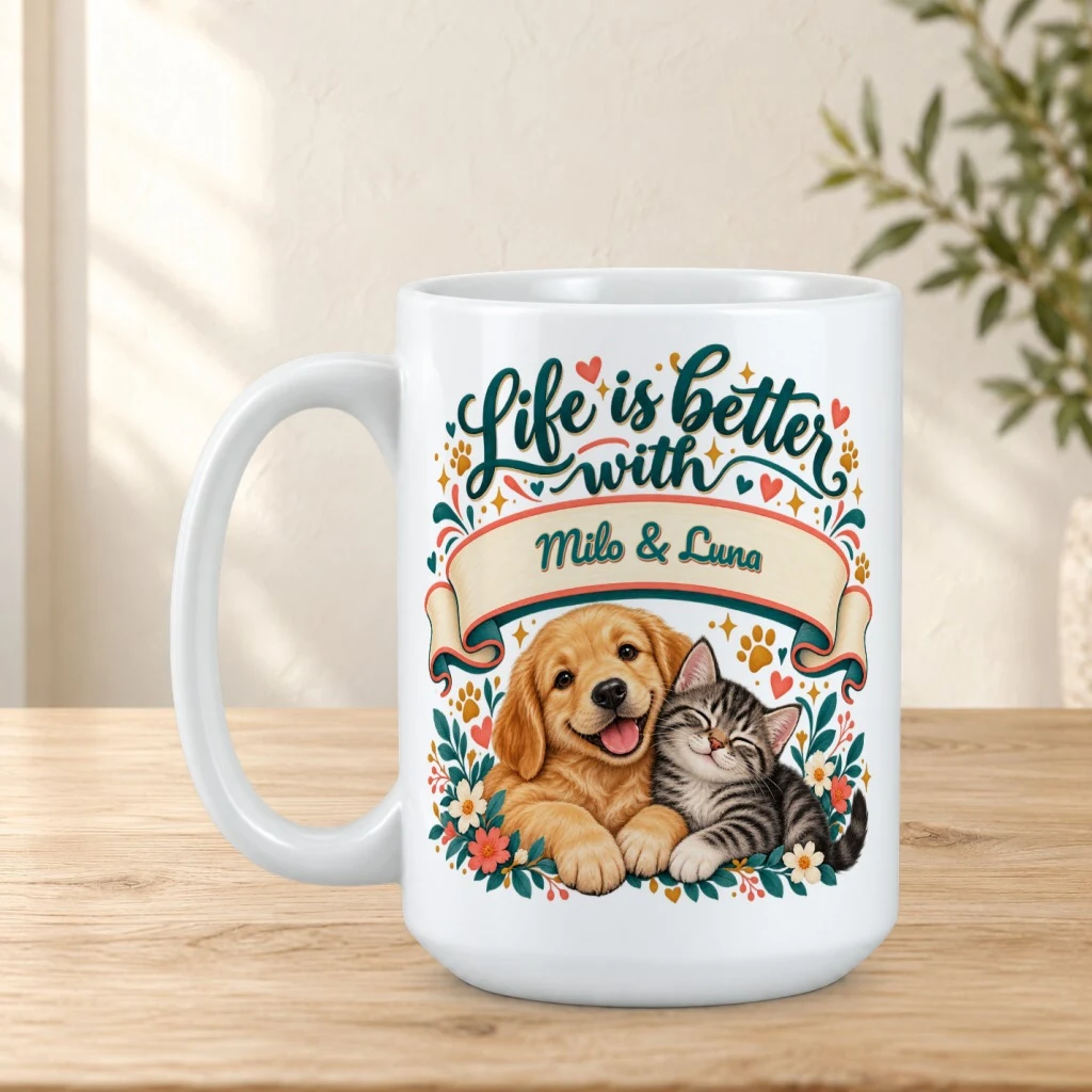 Personalized mug on a sunlit oak tabletop