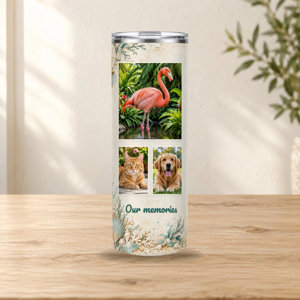 Personalized tumbler on a sunlit oak tabletop