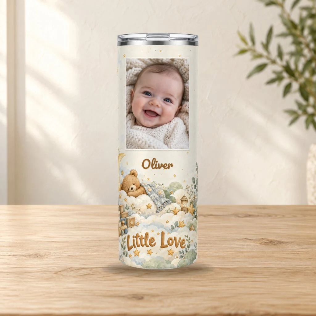 Personalized tumbler on a sunlit oak tabletop