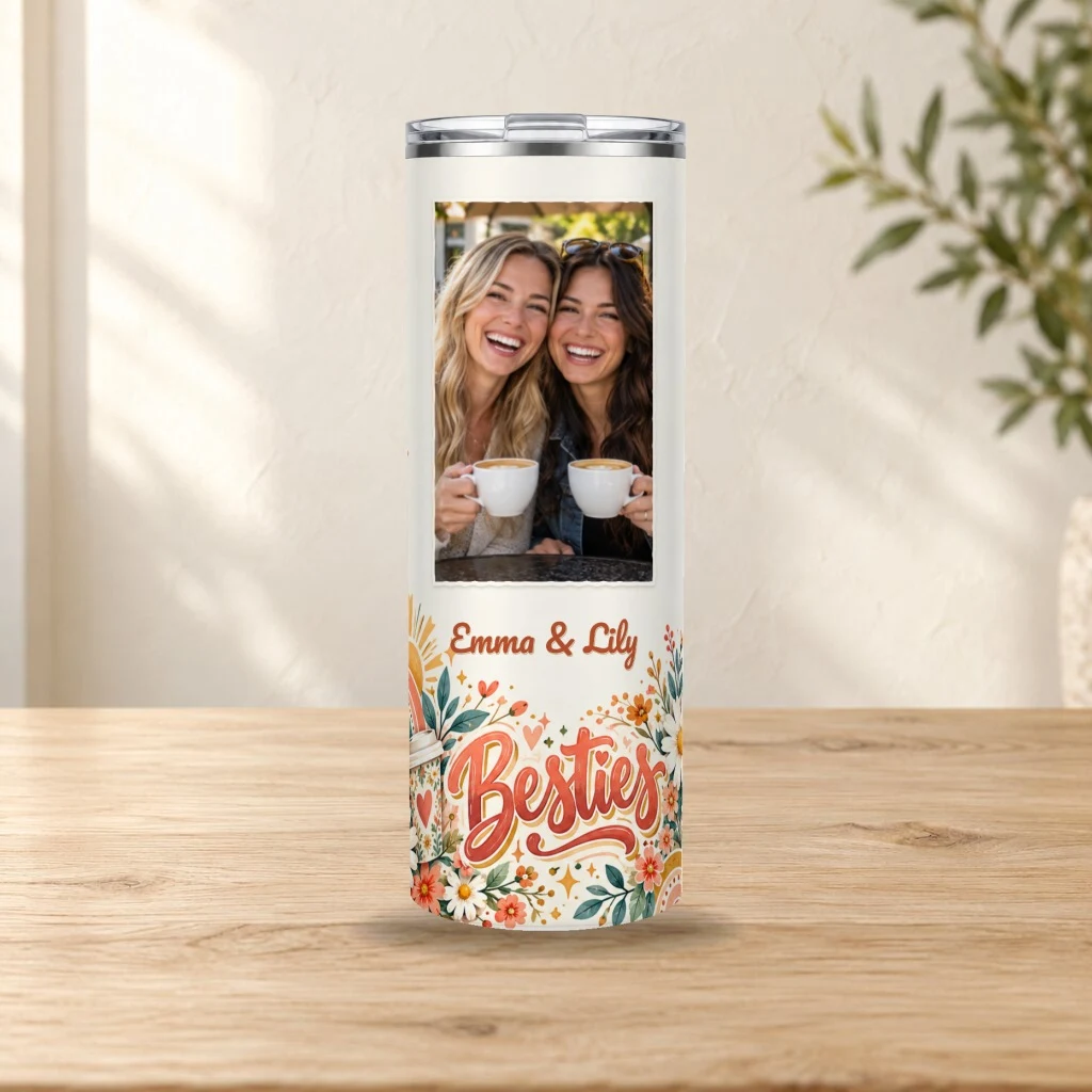 Personalized tumbler on a sunlit oak tabletop