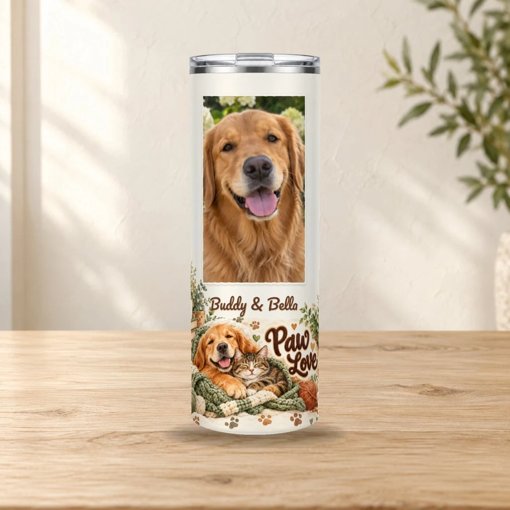 Personalized tumbler on a sunlit oak tabletop