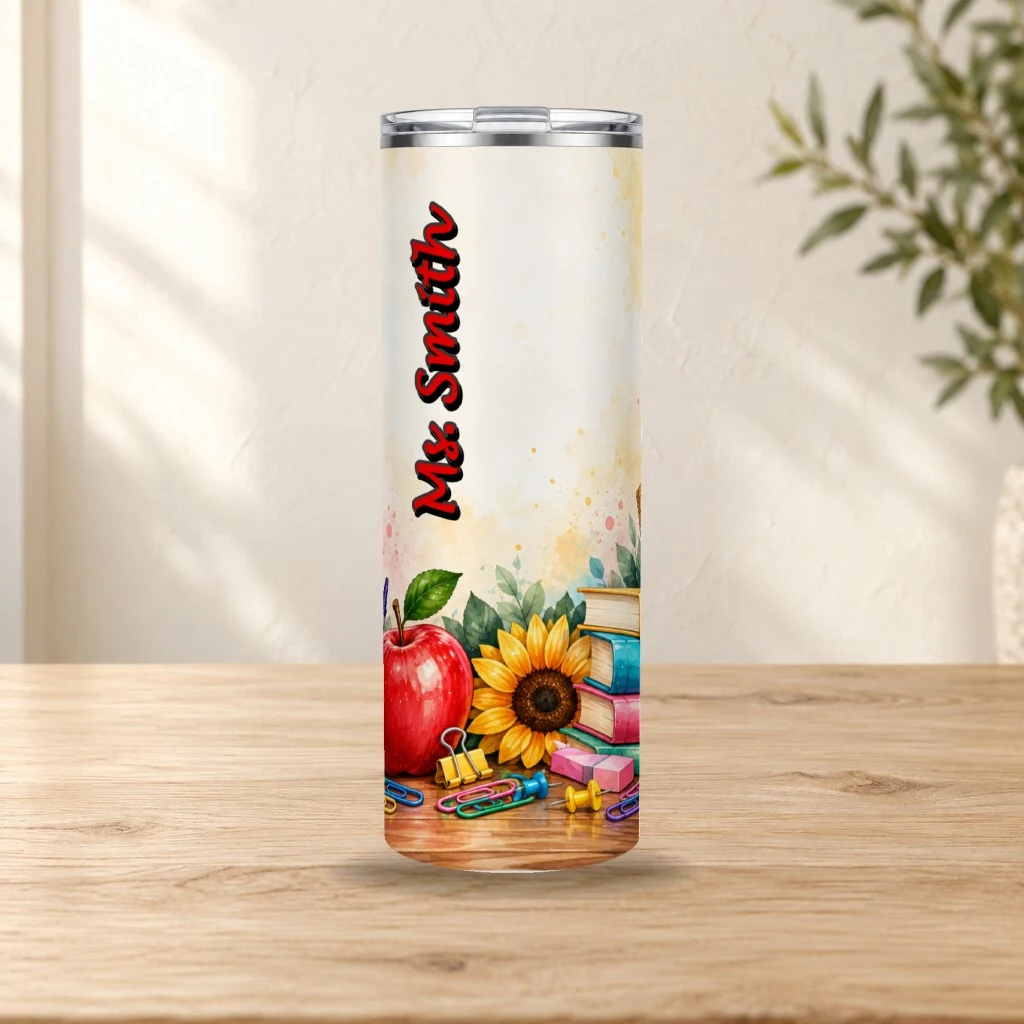Personalized tumbler on a sunlit oak tabletop
