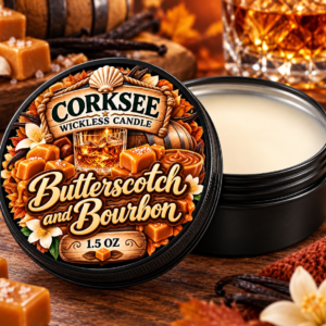 Corksee Butterscotch & Bourbon 1.5 oz wickless soy candle in black tin with decorated lid, shown open beside cream-colored wax