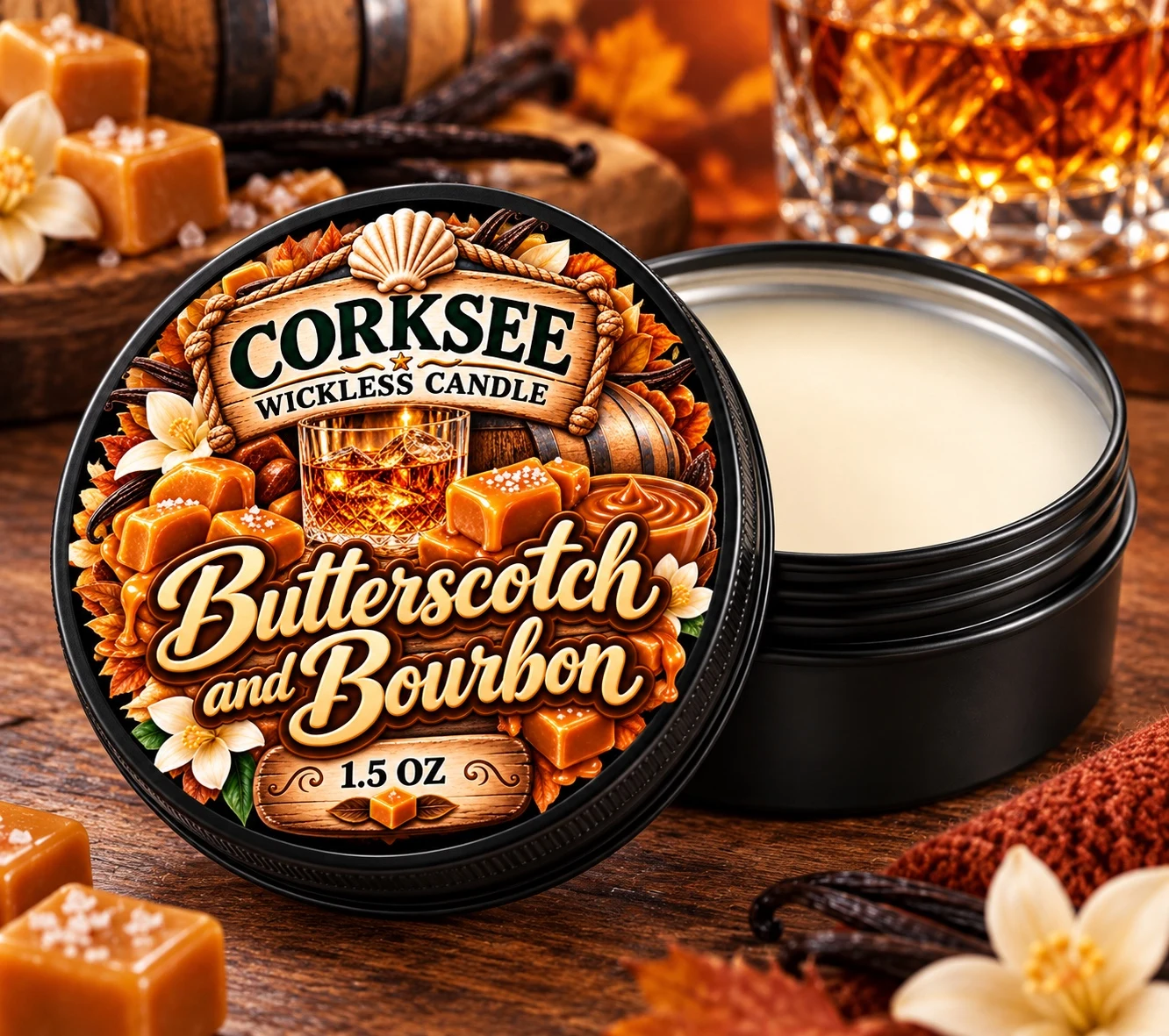 Corksee Butterscotch & Bourbon 1.5 oz wickless soy candle in black tin with decorated lid, shown open beside cream-colored wax