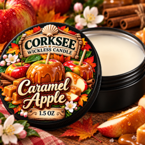 Corksee Caramel Apple 1.5 oz wickless soy candle in black tin with decorated lid, shown open beside cream-colored wax