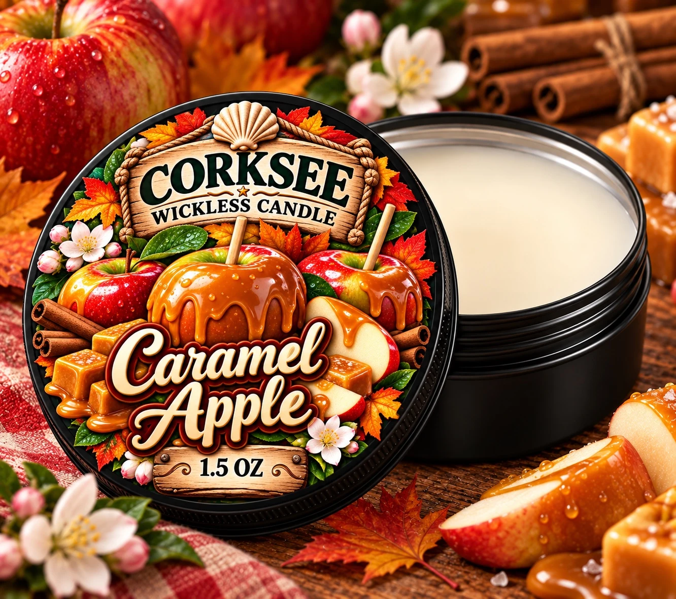 Corksee Caramel Apple 1.5 oz wickless soy candle in black tin with decorated lid, shown open beside cream-colored wax