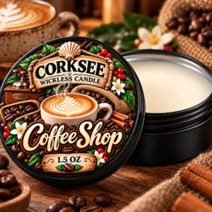 Corksee Coffee Shop 1.5 oz wickless soy candle in black tin with decorated lid, shown open beside cream-colored wax