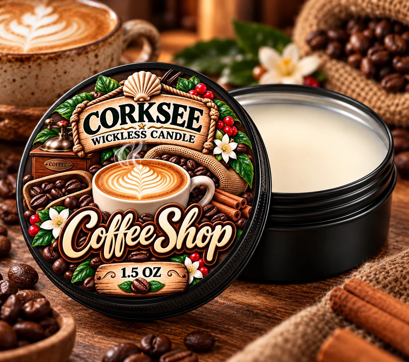 Corksee Coffee Shop 1.5 oz wickless soy candle in black tin with decorated lid, shown open beside cream-colored wax