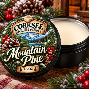 Corksee Mountain Pine 1.5 oz wickless soy candle in black tin with decorated lid, shown open beside cream-colored wax