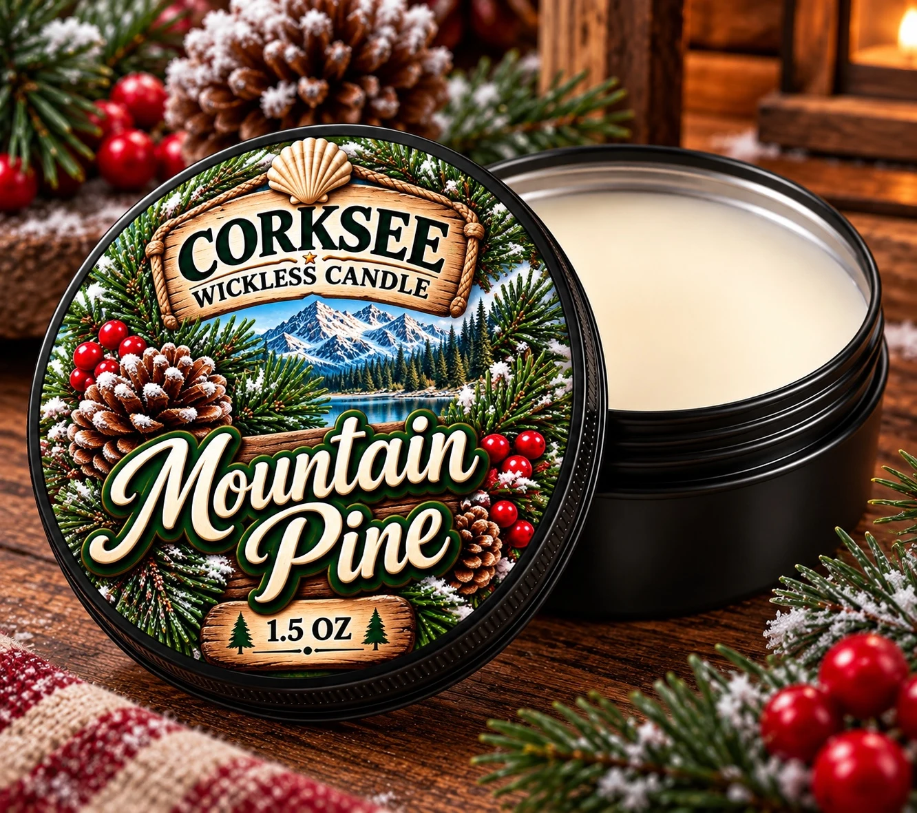 Corksee Mountain Pine 1.5 oz wickless soy candle in black tin with decorated lid, shown open beside cream-colored wax