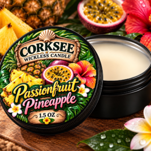 Corksee Passionfruit Pineapple 1.5 oz wickless soy candle in black tin with decorated lid, shown open beside cream-colored wax