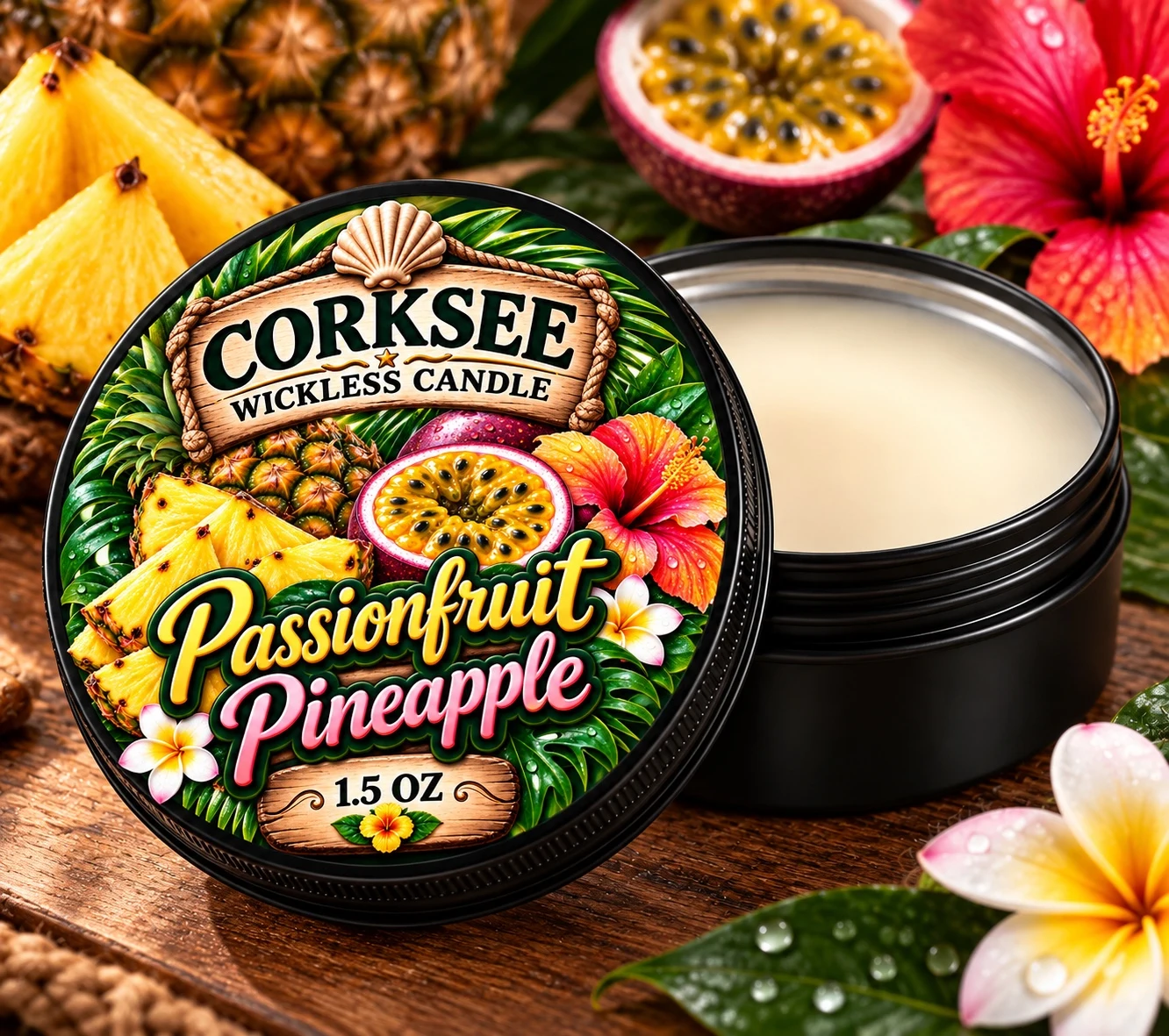 Corksee Passionfruit Pineapple 1.5 oz wickless soy candle in black tin with decorated lid, shown open beside cream-colored wax