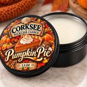 Corksee Pumpkin Pie 1.5 oz wickless soy candle in black tin with decorated lid, shown open beside cream-colored wax