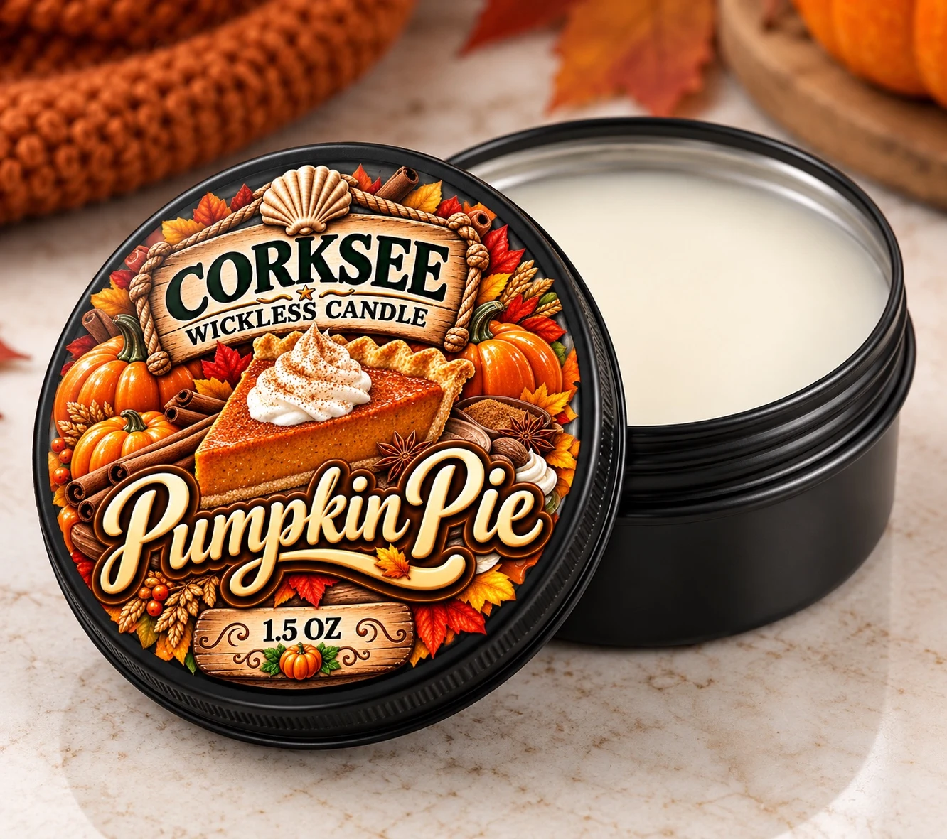 Corksee Pumpkin Pie 1.5 oz wickless soy candle in black tin with decorated lid, shown open beside cream-colored wax