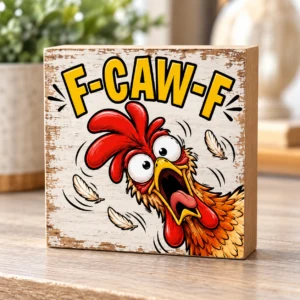 F-CAW-F rooster 4 by 4 inch shelf block displayed on a rustic shelf