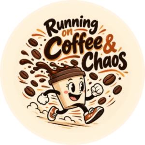 Running on Coffee & Chaos – 2.25″ Pin-Back Button — 2.25 inch button on a denim jacket