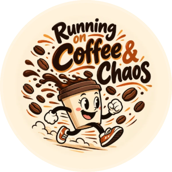 Running on Coffee & Chaos – 2.25″ Pin-Back Button — 2.25 inch button on a denim jacket