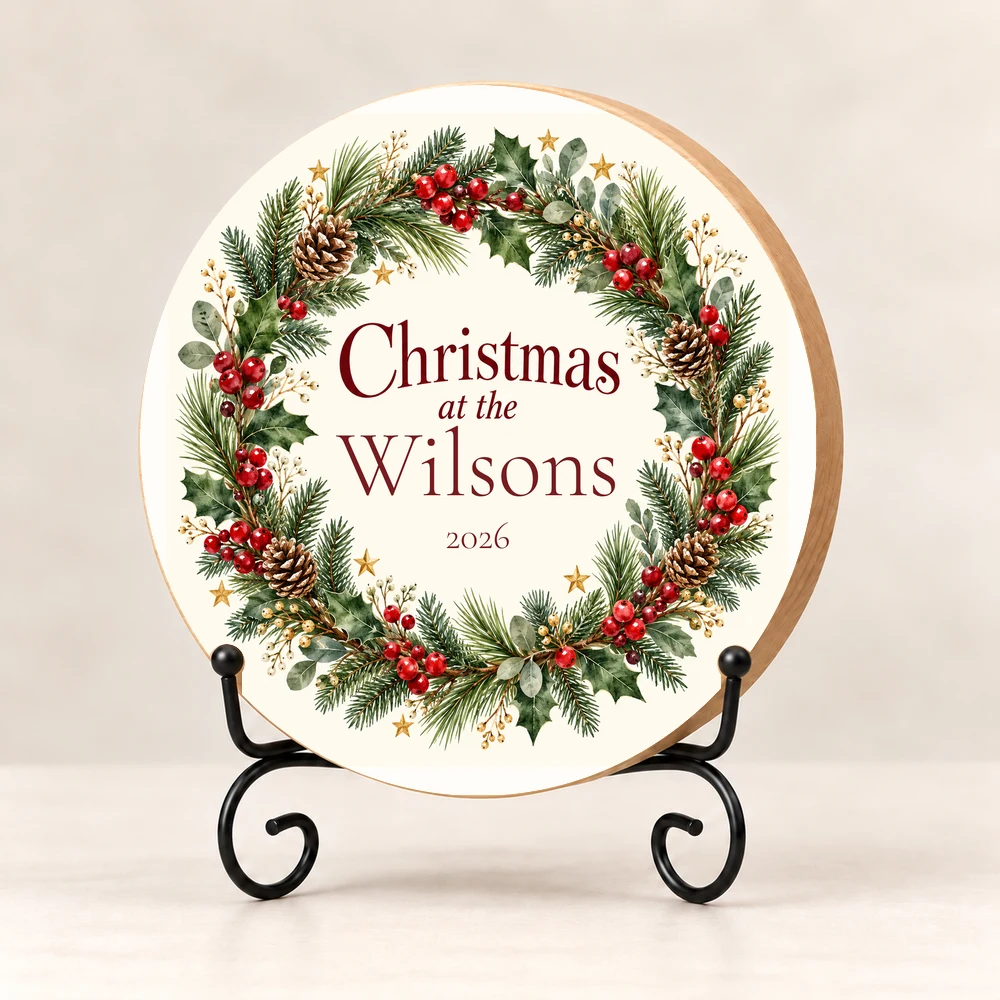 Christmas at Home Personalized Wood Shelf Sitter with full printed background