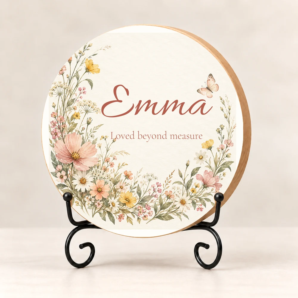 Little Wildflower Personalized Wood Shelf Sitter with full printed background