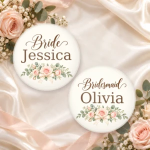 Personalized Bride and Bridesmaid 2.25-inch pinback buttons for weddings and bachelorette parties