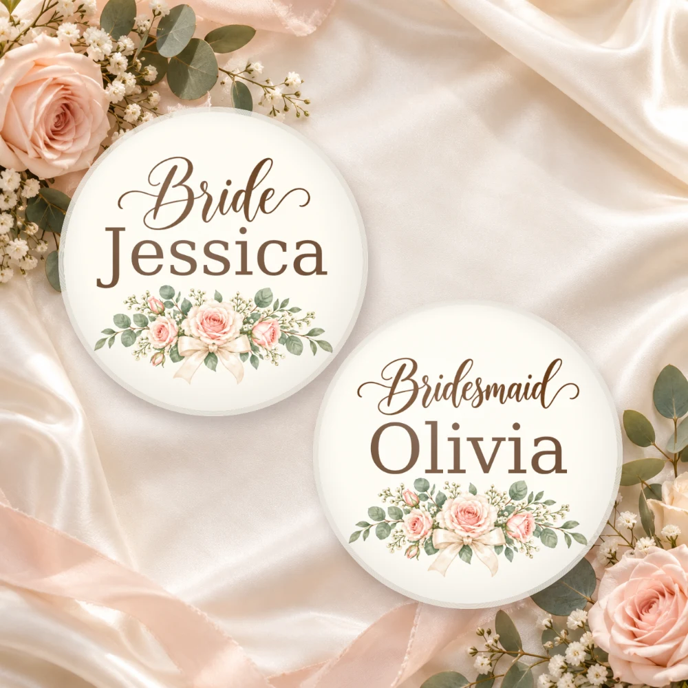 Personalized Bride and Bridesmaid 2.25-inch pinback buttons for weddings and bachelorette parties