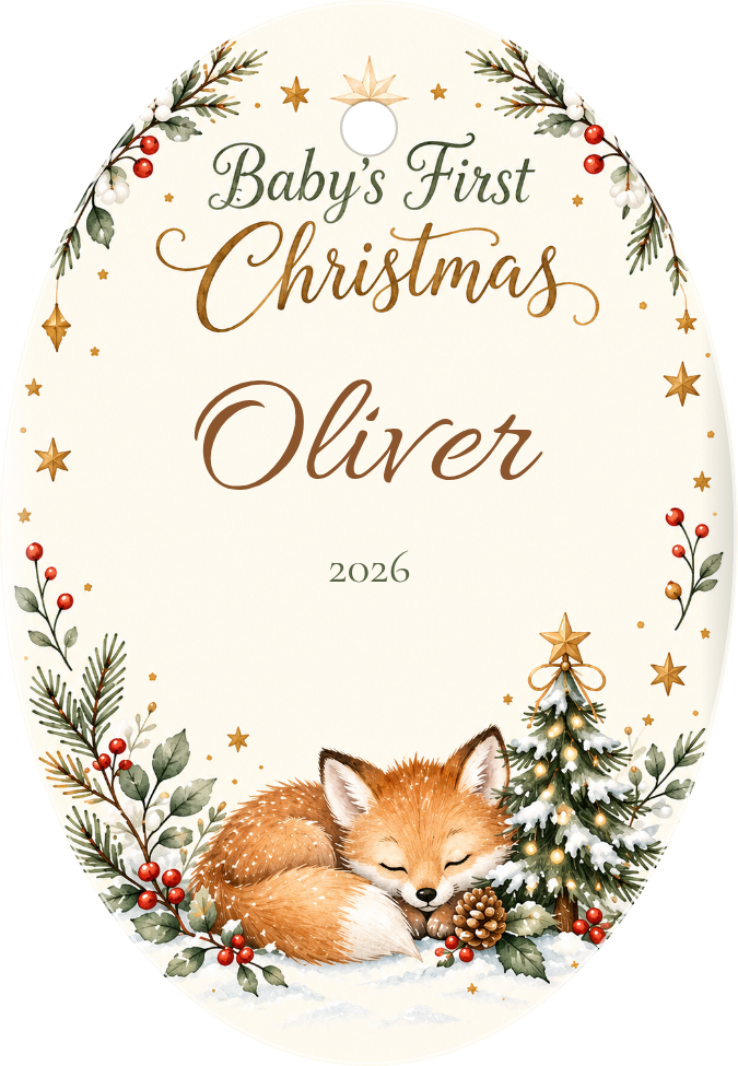 Baby’s First Christmas Woodland Fox Oval Ceramic Ornament personalized example