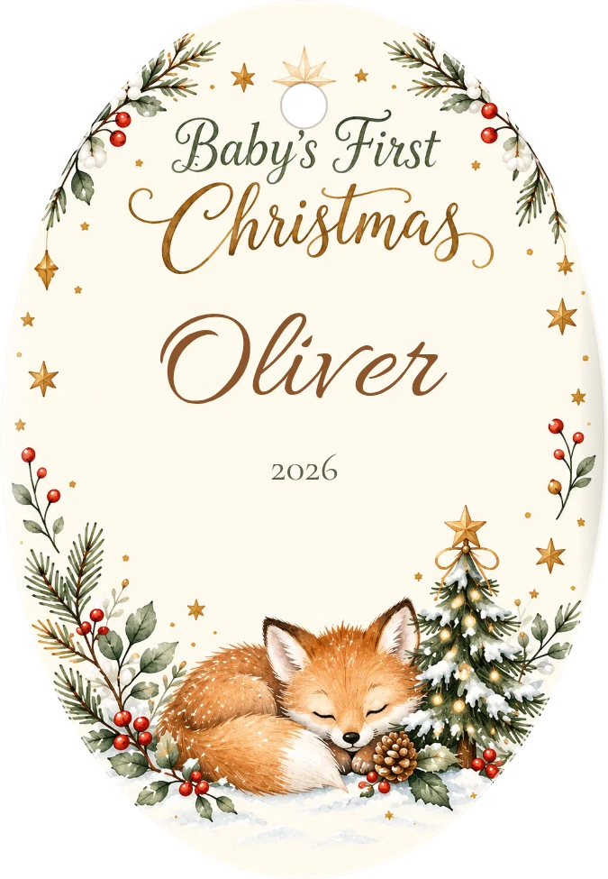 Baby’s First Christmas Woodland Fox Oval Ceramic Ornament