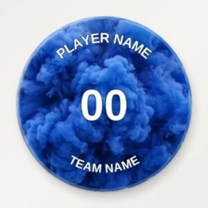 Blue smoke sports pinback button with editable player name, number and team name