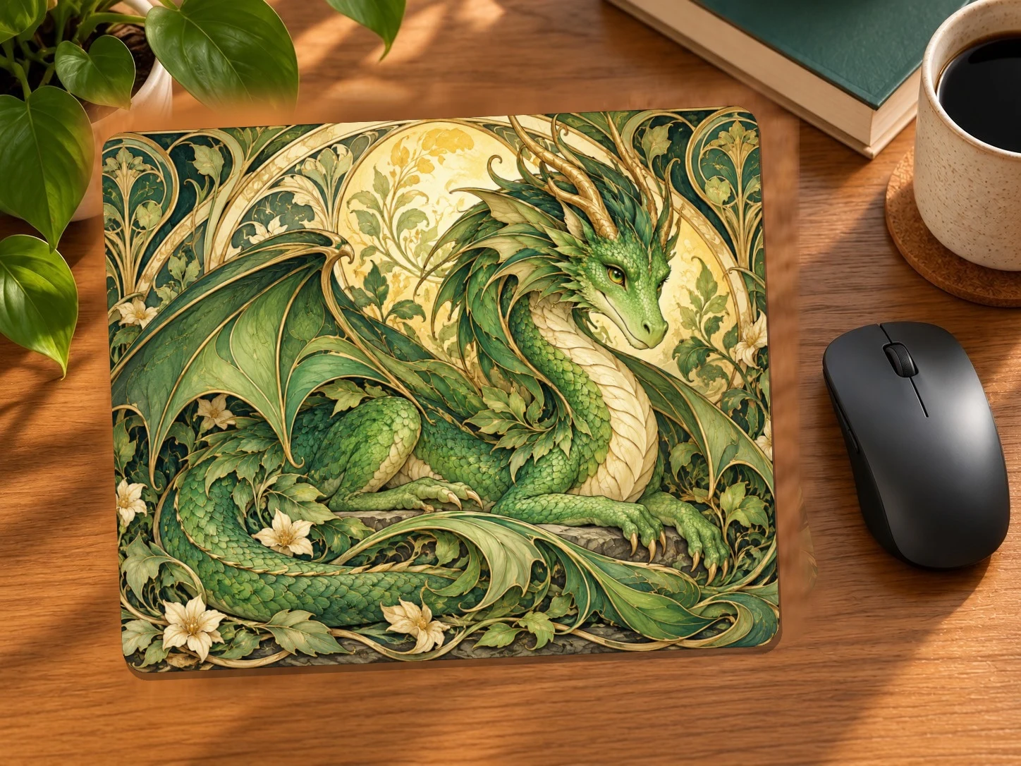 Art Nouveau Green Dragon Mouse Pad