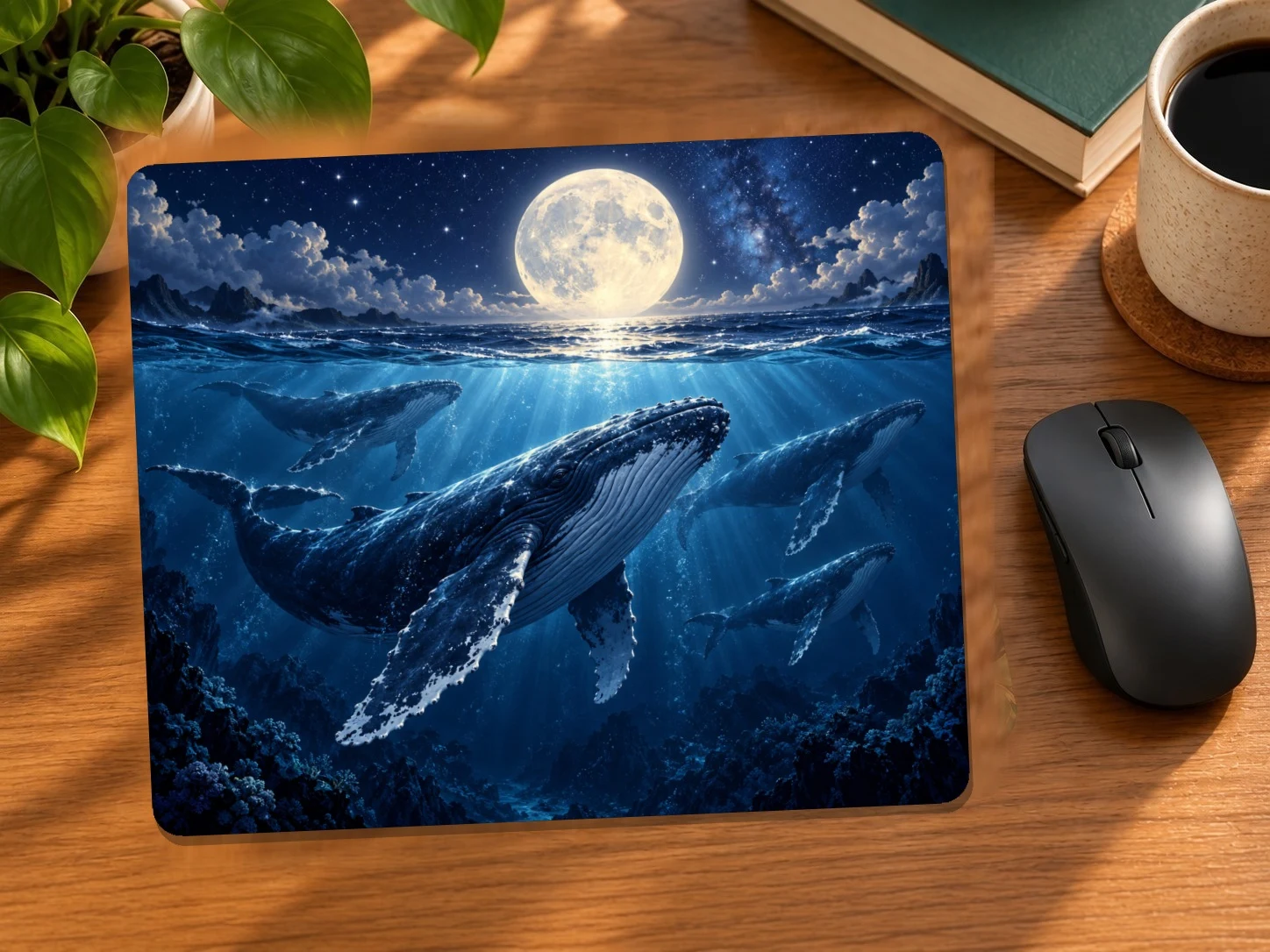 Moonlit Whale Migration Mouse Pad